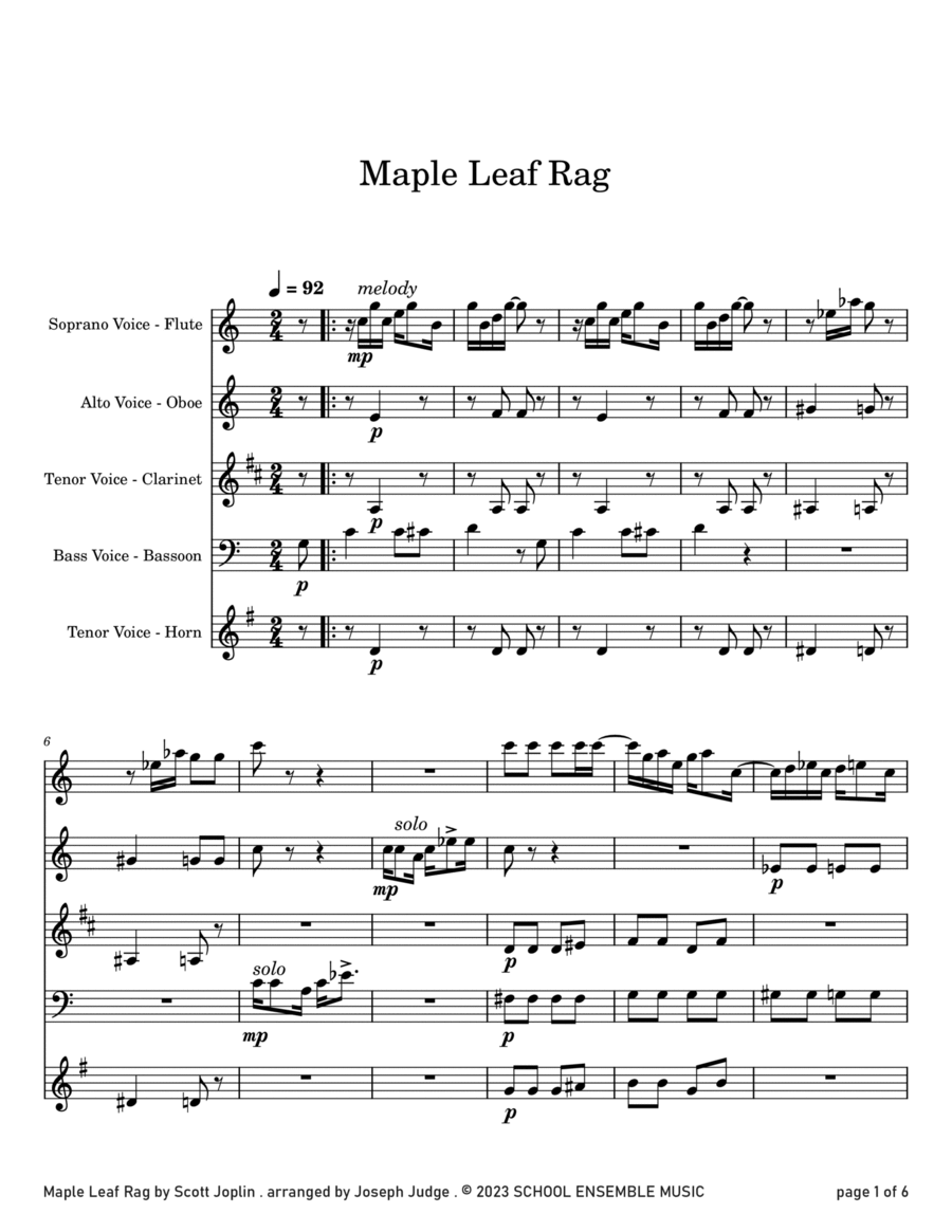 Maple Leaf Rag by Scott Joplin for Woodwind Quartet in Schools Woodwind Quartet scores gallery preview page 1