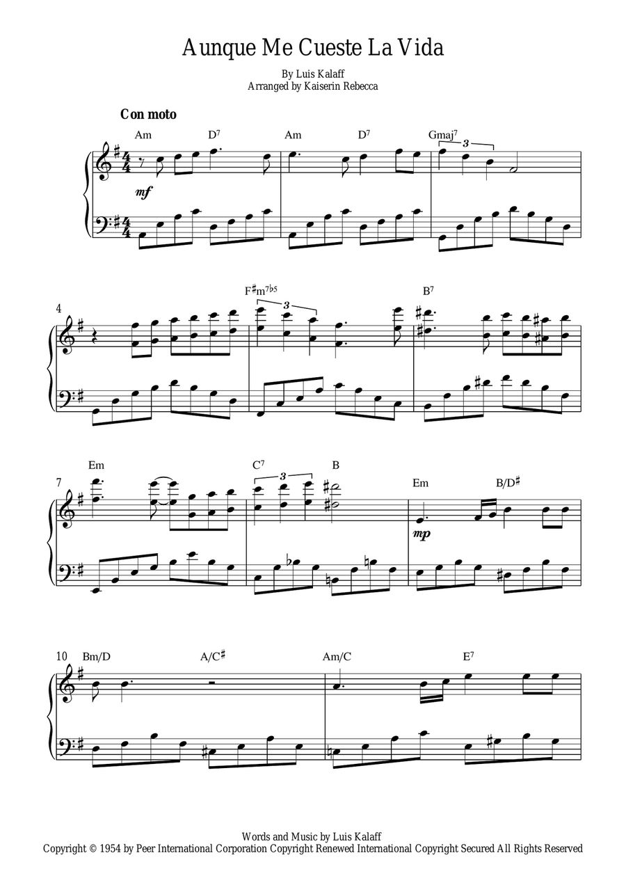 Aunque Me Cueste La Vida Aunque Me Cueste La Vida Piano Solo scores gallery preview page 1