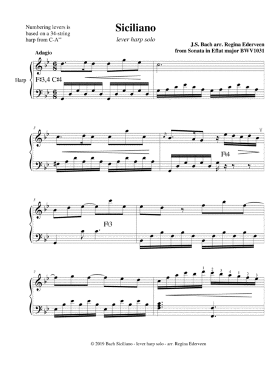 Siciliano (Bach) - lever harp solo Celtic Harp scores gallery preview page 1