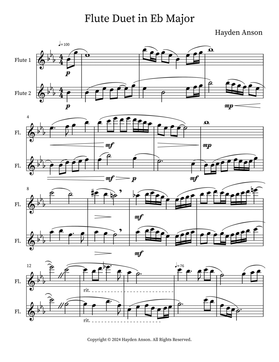 Flute Duet in Eb Major Flute Duet scores gallery preview page 1