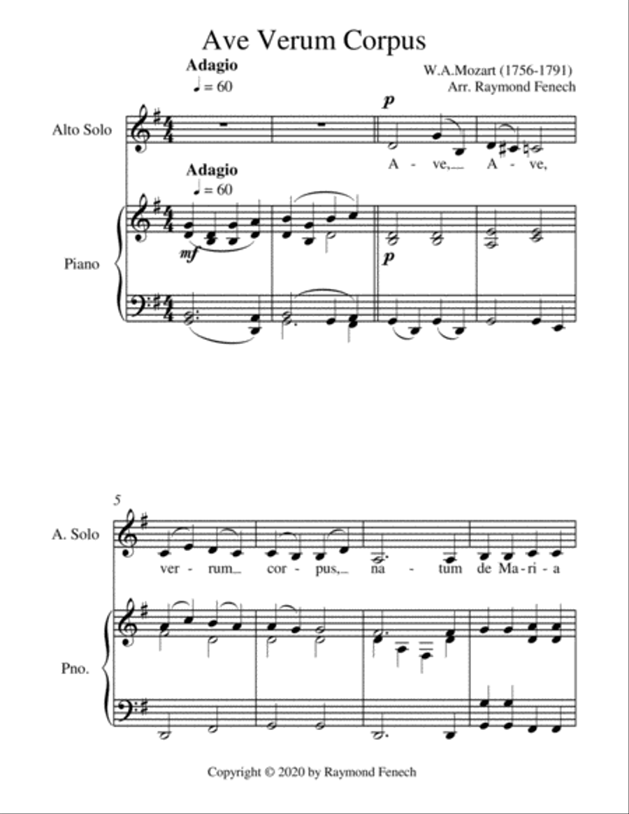 Ave Verum Corpus Alto Voice and Piano - Intermediate level