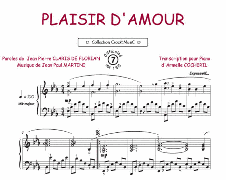 Plaisir d'amour (Collection Crock'Music) Piano Solo scores gallery preview page 1