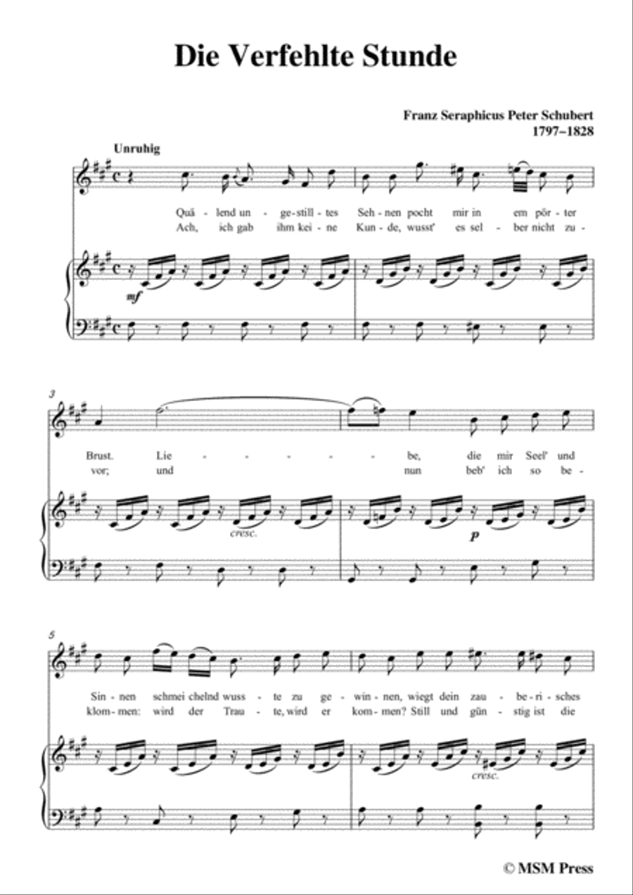 Schubert-Die Verfehlte Stunde,in A Major,for Voice&Piano Voice scores gallery preview page 3