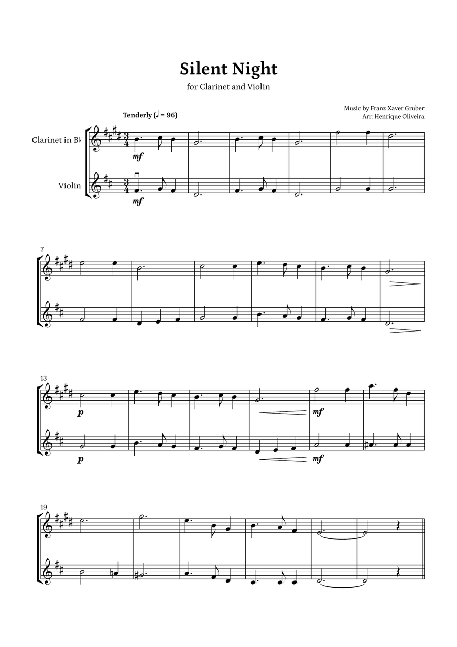 Silent Night (Clarinet and Violin) - Beginner Level Chamber Music scores gallery preview page 1