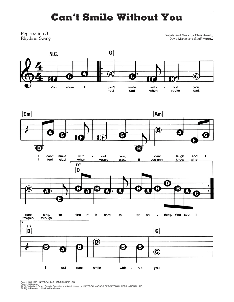 Can't Smile Without You Electronic Keyboard scores gallery preview page 1