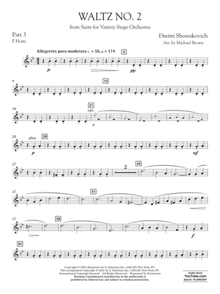 Book cover for Waltz No. 2 (from Suite for Variety Stage Orchestra) (arr. Brown) - Pt.3 - F Horn