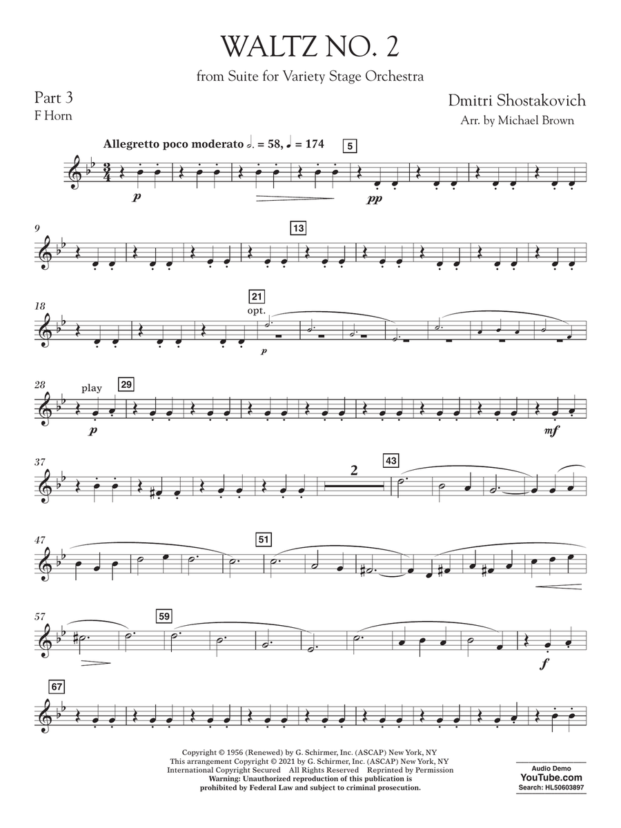 Waltz No. 2 (from Suite for Variety Stage Orchestra) (arr. Brown) - Pt.3 - F Horn