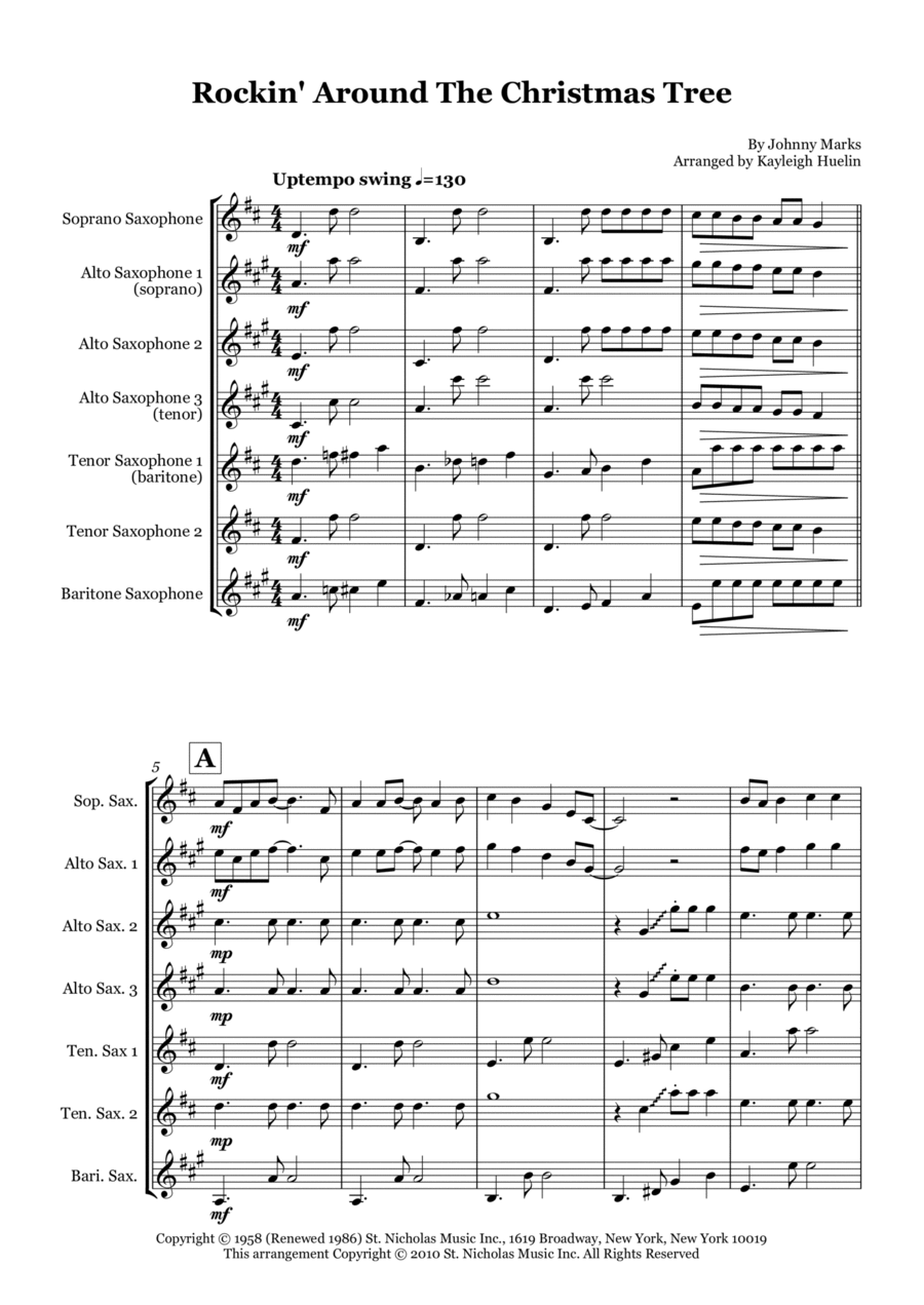 Rockin' Around The Christmas Tree Saxophone Quartet scores gallery preview page 1