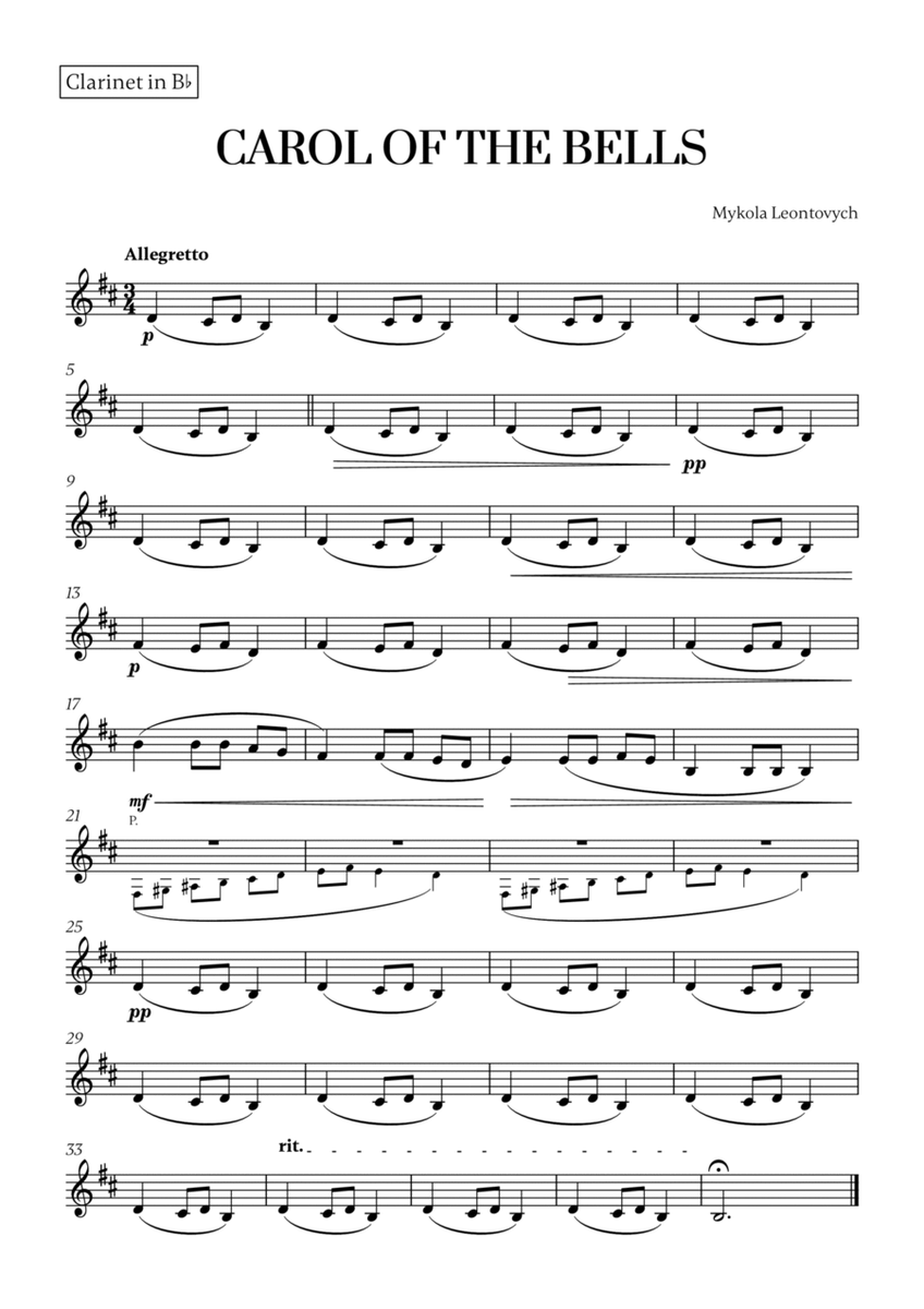 Carol of the Bells (Very Easy/Beginner) - A minor (for Clarinet) image number null