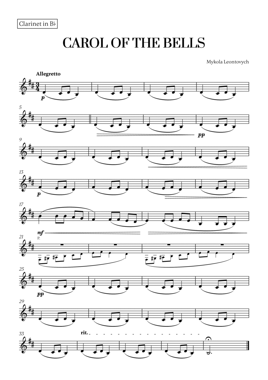 Carol of the Bells (Very Easy/Beginner) - A minor (for Clarinet) image number null