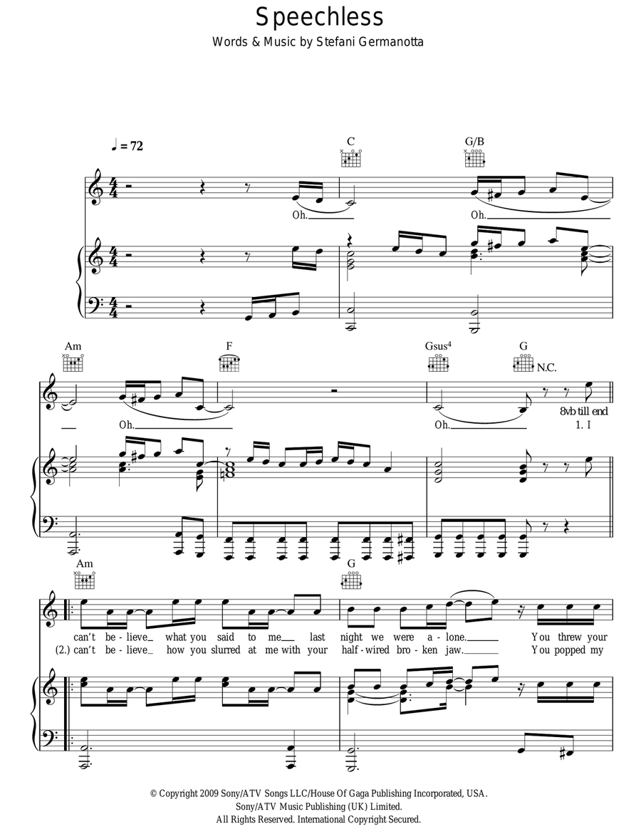 Speechless Piano, Vocal, Guitar scores gallery preview page 1