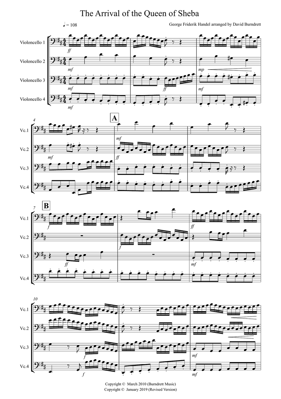 Arrival of the Queen of Sheba for Cello Quartet
