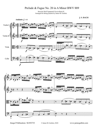 Book cover for BACH: Prelude & Fugue No. 20 in A Minor, BWV 889 for String Quartet