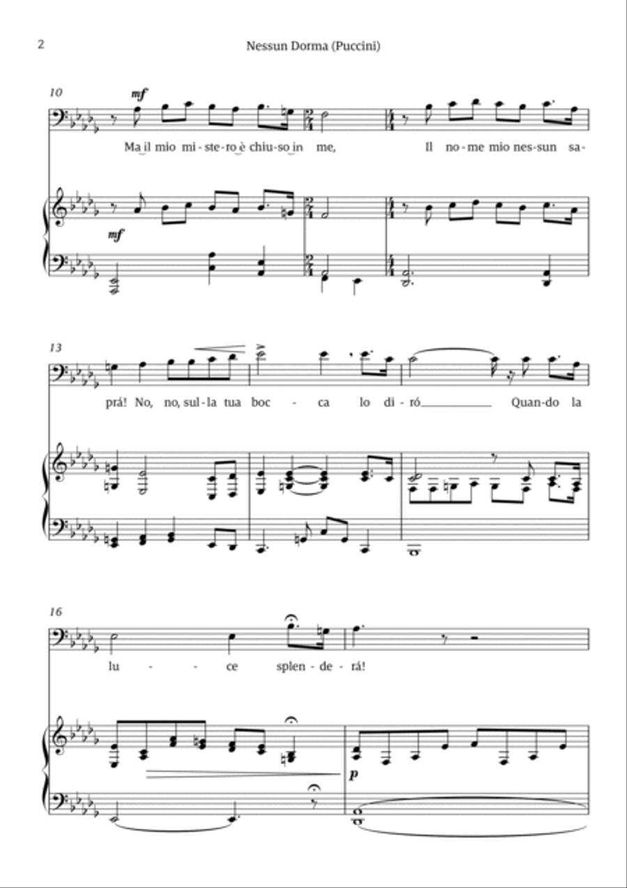 Nessun Dorma (for baritone or bass and piano) Chamber Music scores gallery preview page 2
