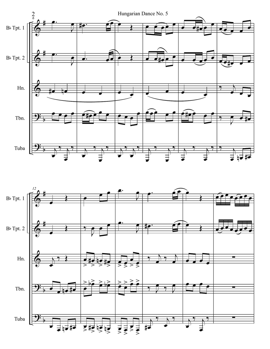 Hungarian Dance No 5 In G Minor - Allegro Vivace Brass Quintet scores gallery preview page 2