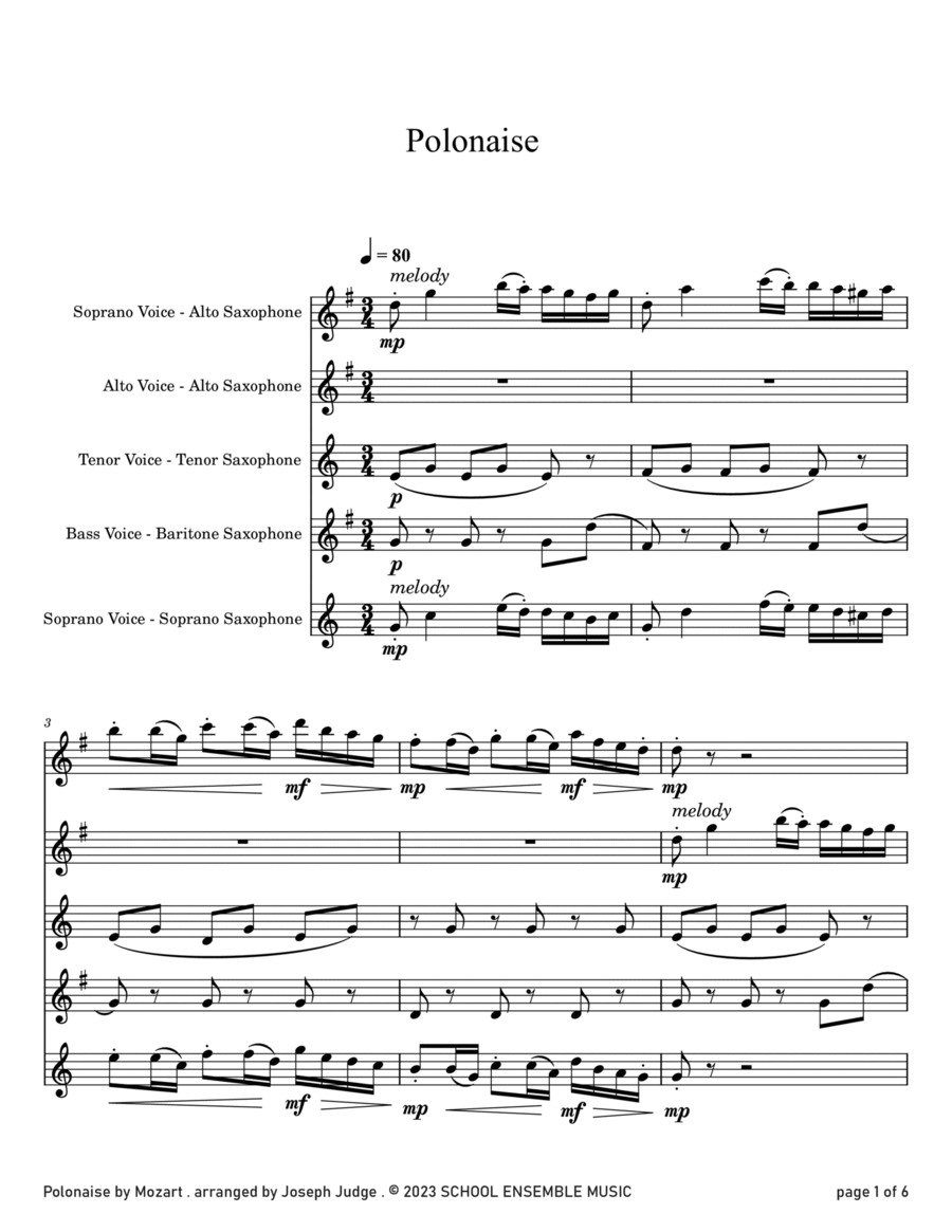 Polonaise by Mozart for Saxophone Quartet in Schools Saxophone Quartet scores gallery preview page 1