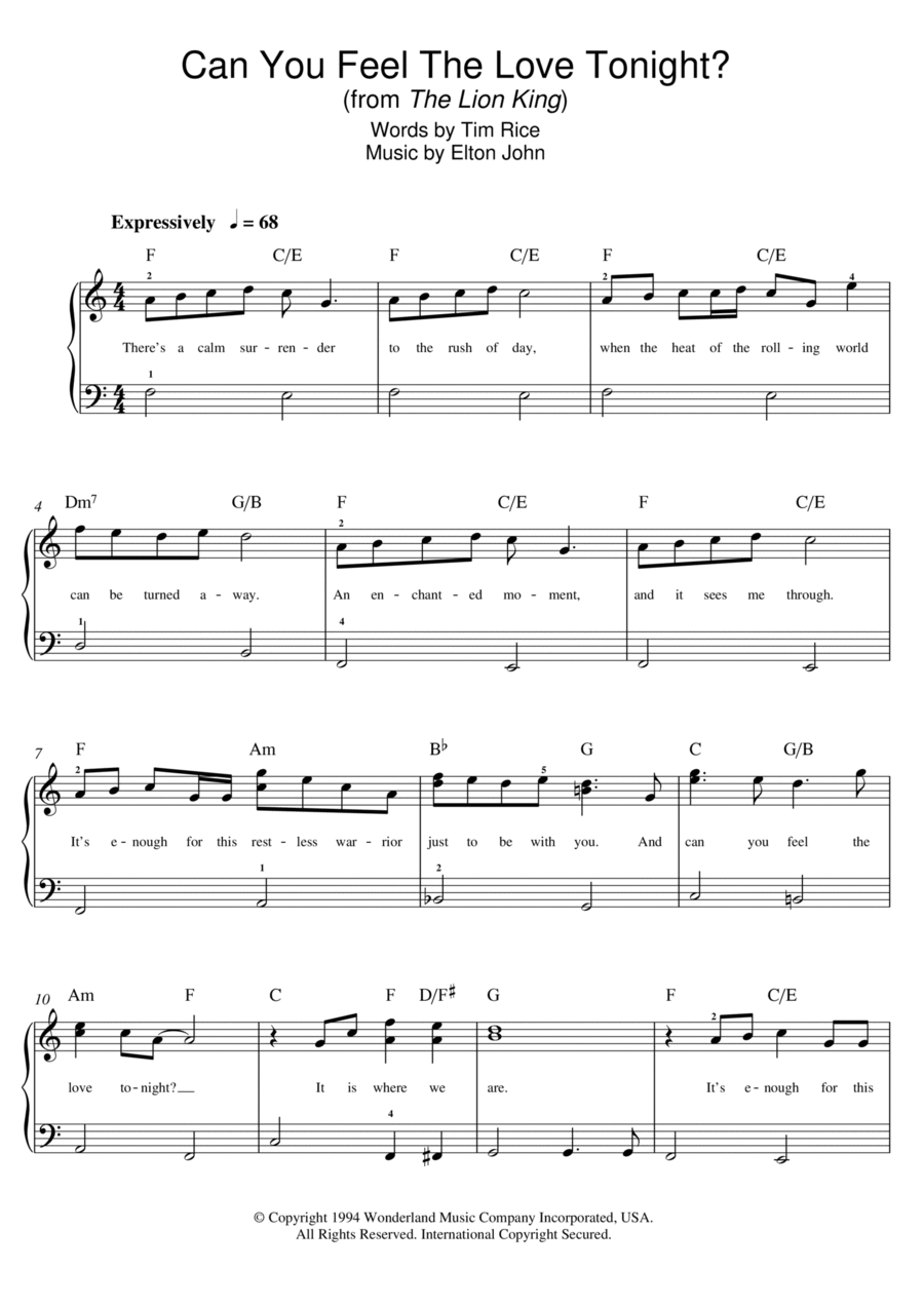 Can You Feel The Love Tonight (from The Lion King) Easy Piano scores gallery preview page 1