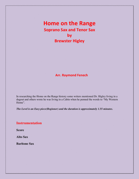Home on the Range - Brewster Higley - For Alto Sax and Baritone Sax - Easy/Beginner level image number null