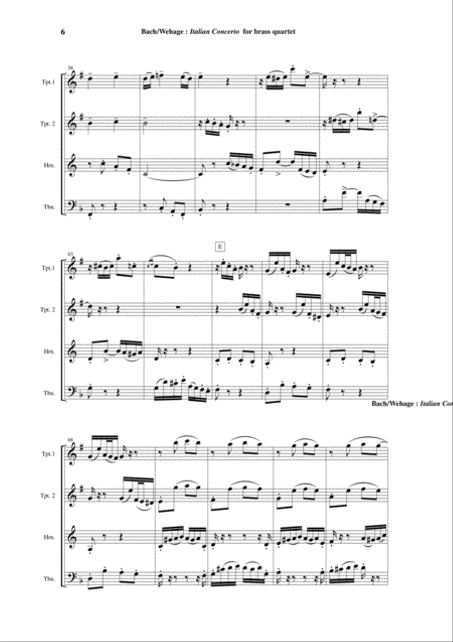 J. S. Bach: Italian Concerto BWV 971, arranged for two Bb trumpets, F horn and trombone or tuba Brass Ensemble scores gallery preview page 6