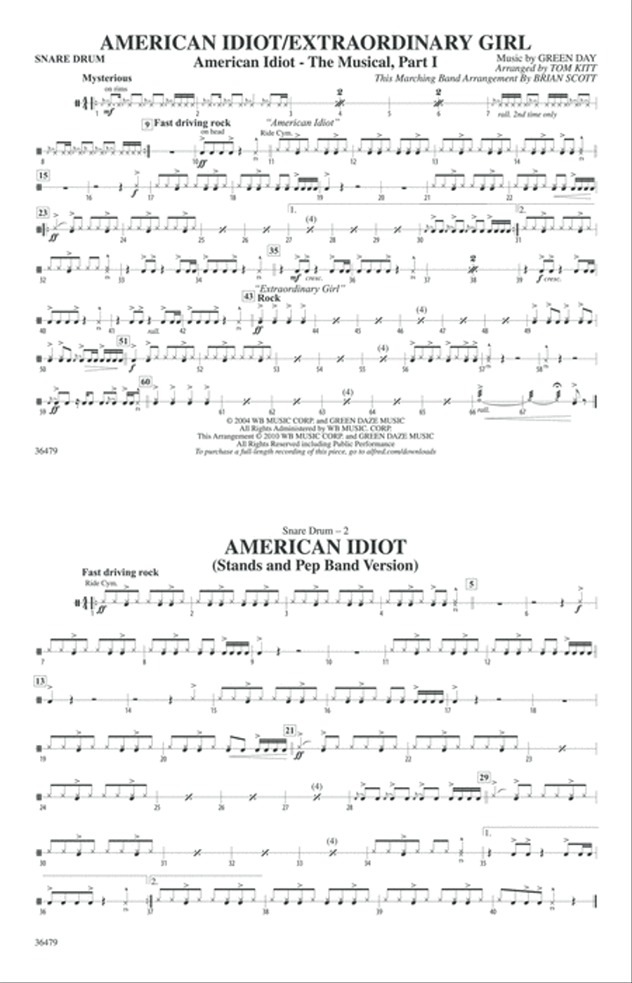 American Idiot / Extraordinary Girl: Snare Drum Marching Band scores gallery preview page 1