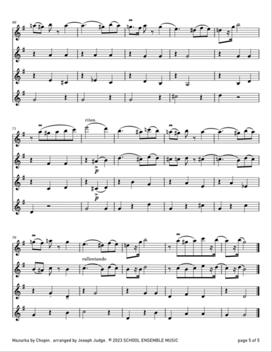 Mazurka by Chopin for Clarinet Quartet in School Clarinet Quartet scores gallery preview page 5