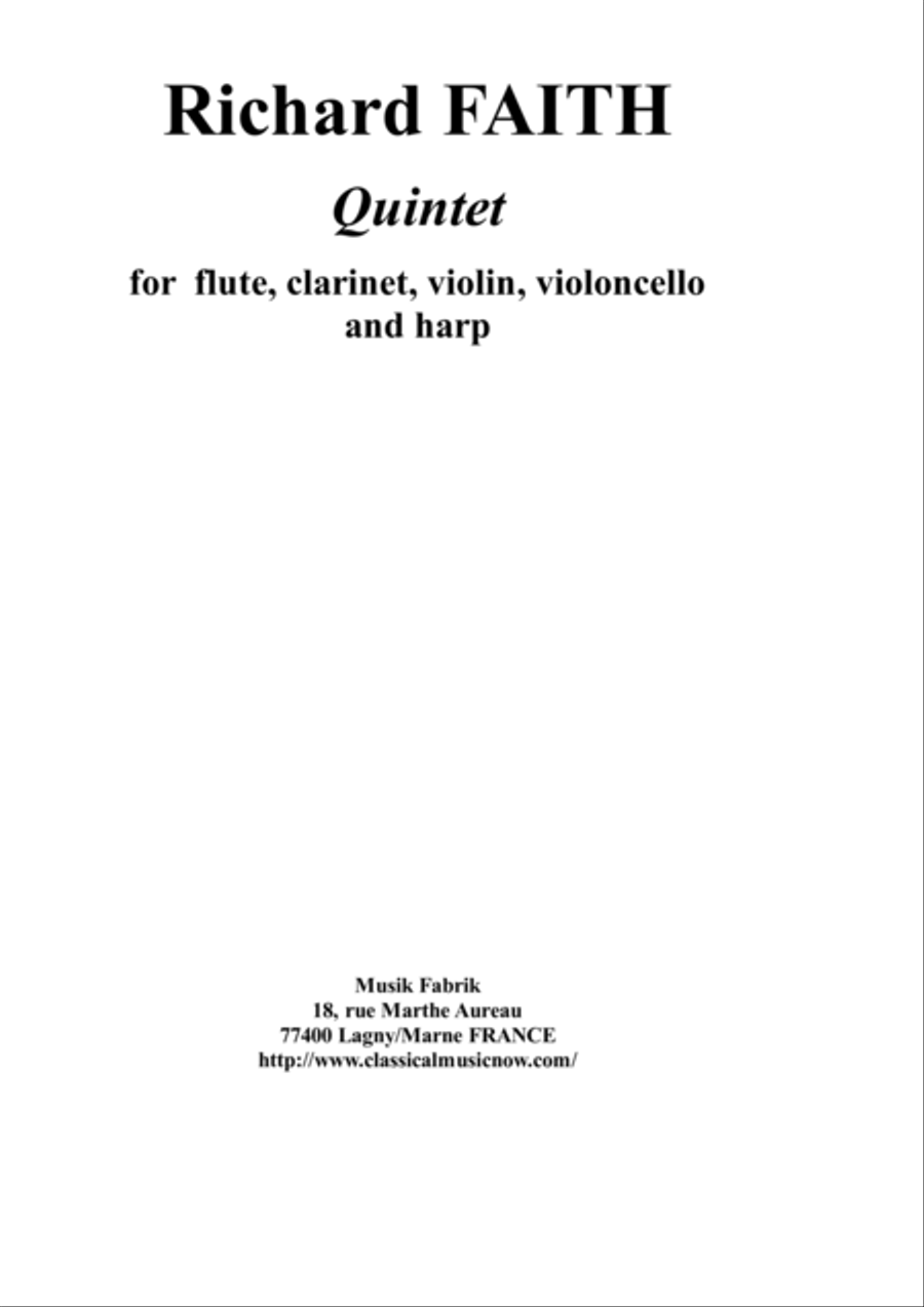 Richard Faith : Quintet for flute, clarinet, violin, violonello and harp, score only Small Ensemble scores gallery preview page 1