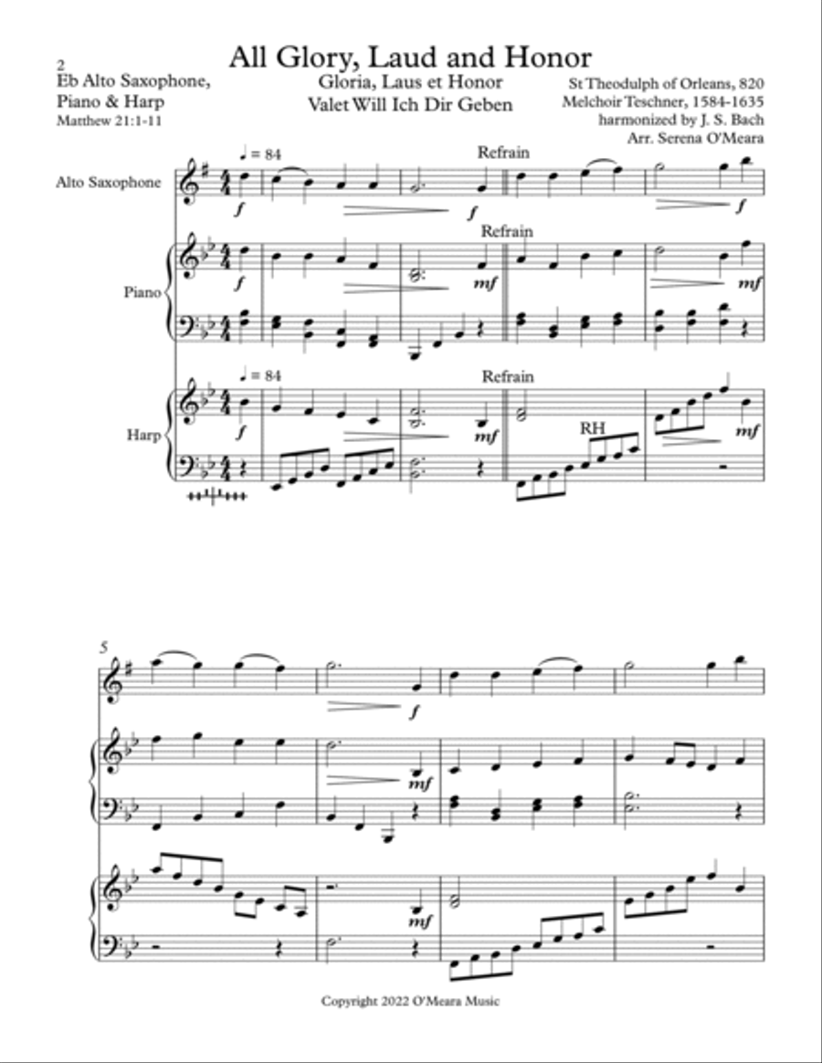 All Glory, Laud and Honor Trio for Eb Alto Saxophone, Harp and Piano Alto Saxophone scores gallery preview page 2