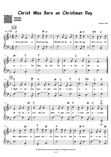 Christ Was Born on Christmas Day - Christmas Carol [EASY PIANO] image number null