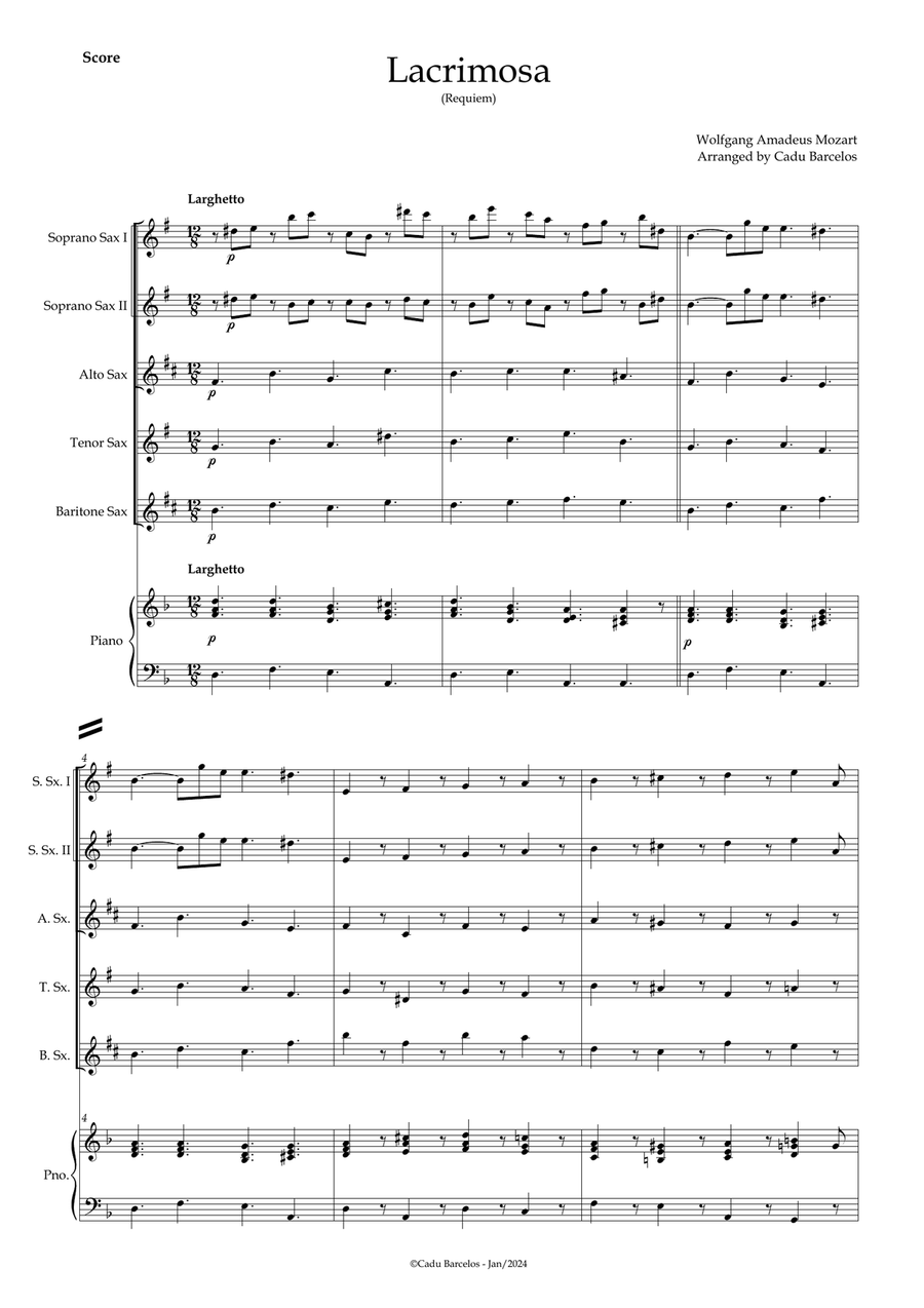 Lacrimosa (Saxophone Quintet) Piano