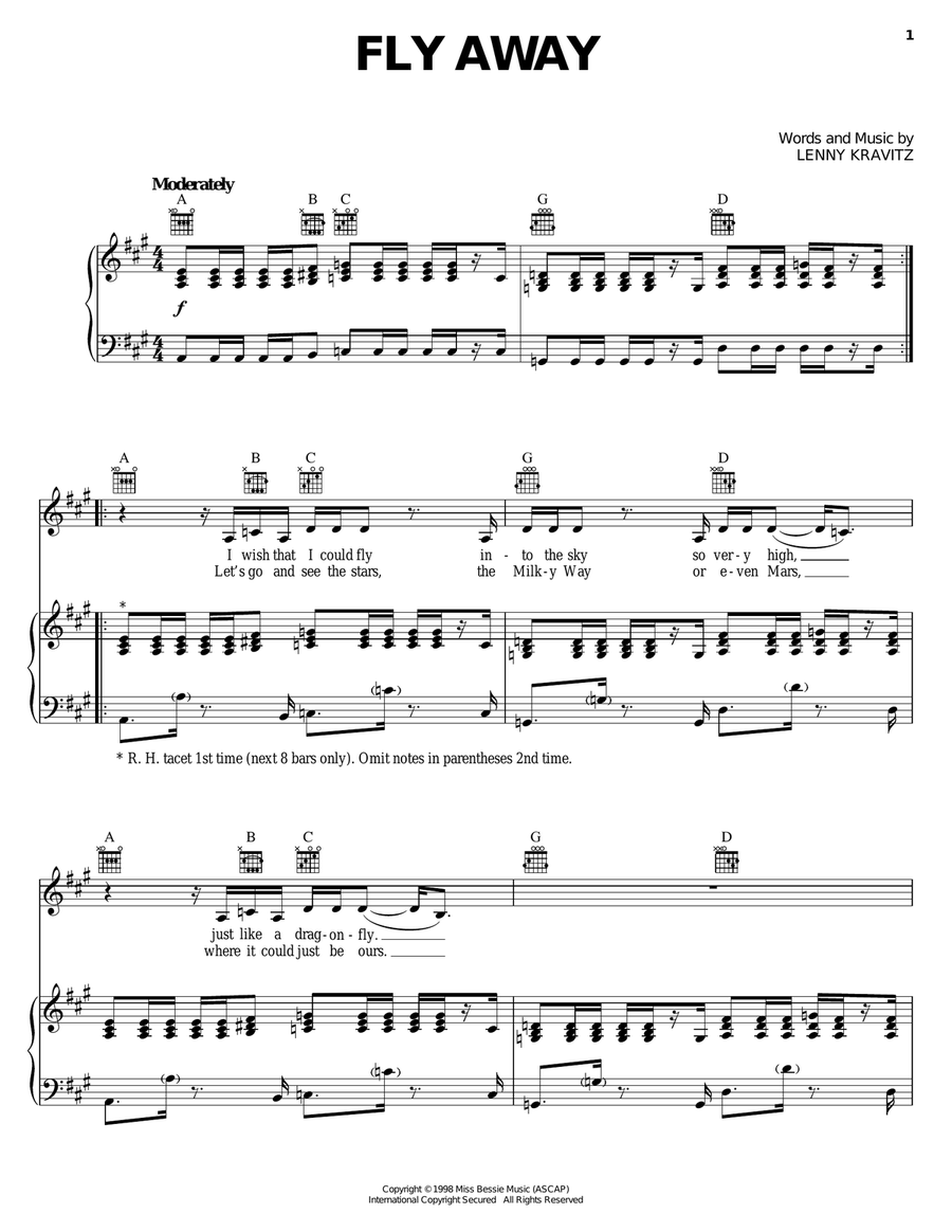 Fly Away Piano, Vocal, Guitar scores gallery preview page 1