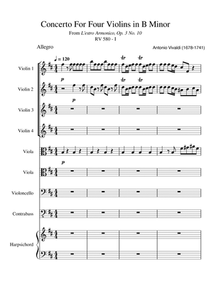 Book cover for Vivaldi Concerto for 4 Violins and Cello in B minor, L'estro Armonico, Op. 3 No. 10 - RV580 I