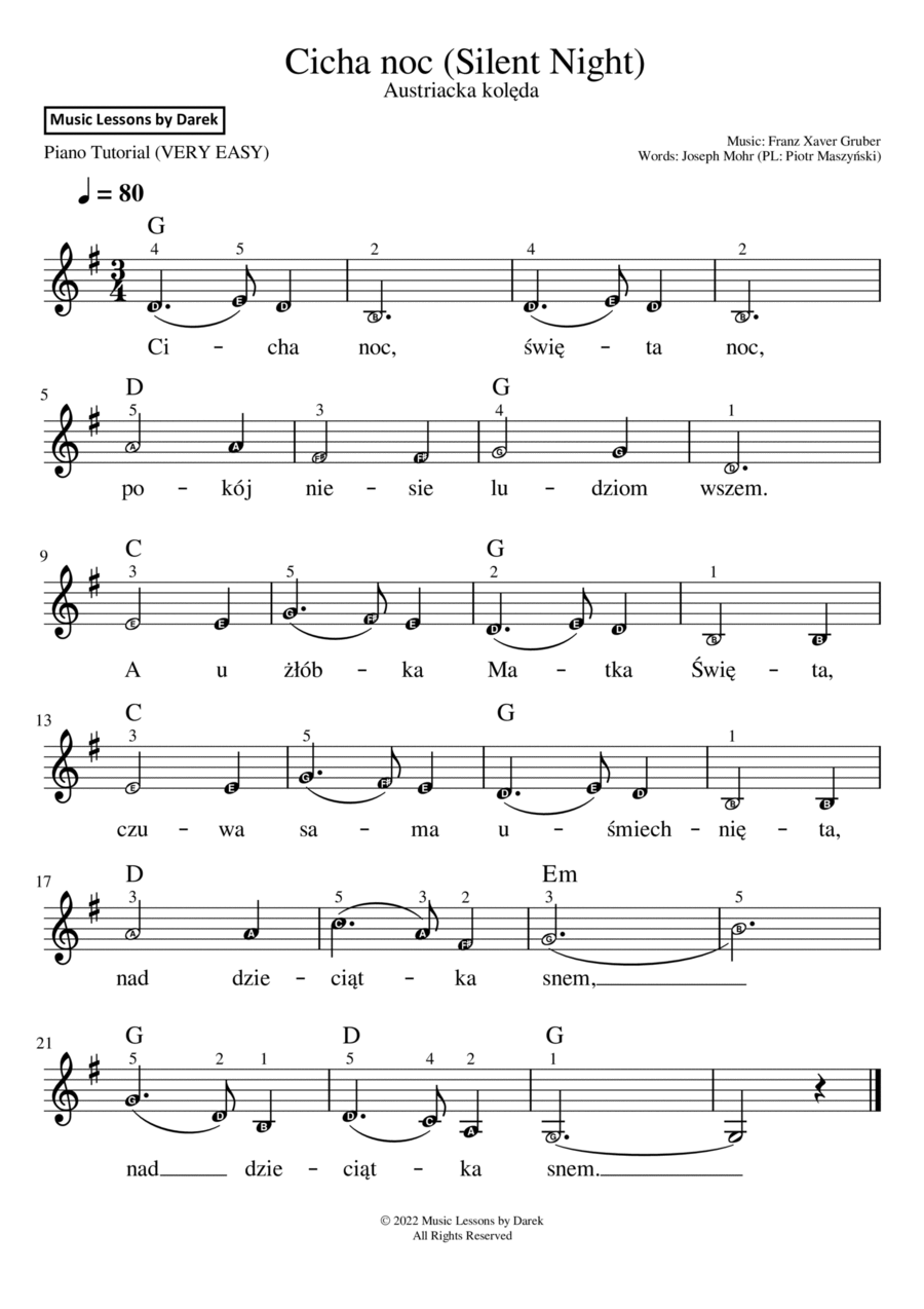Cicha noc / Silent Night (Polish Christmas Carol) [VERY EASY PIANO] Easy Piano scores gallery preview page 1