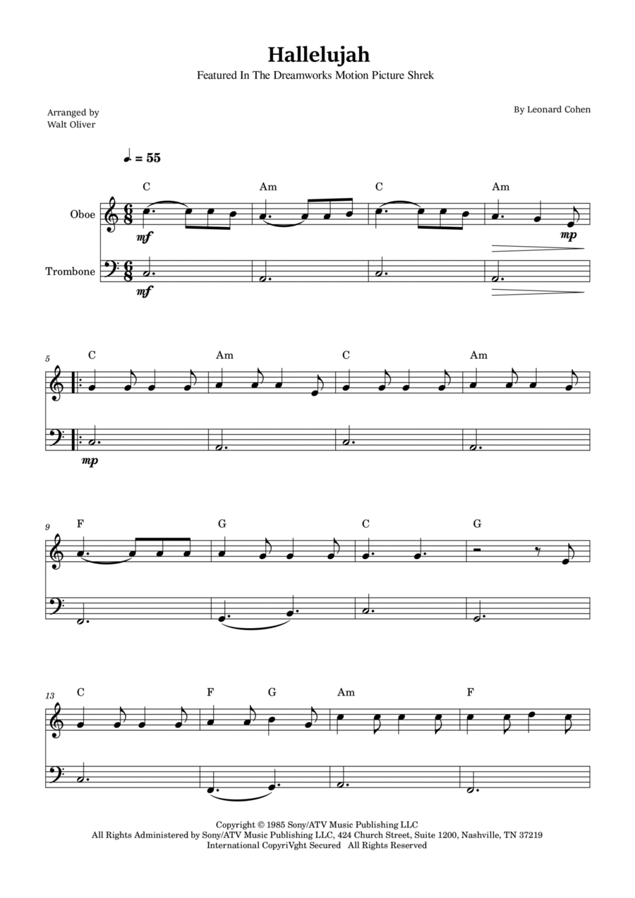Hallelujah Trombone Duet scores gallery preview page 1