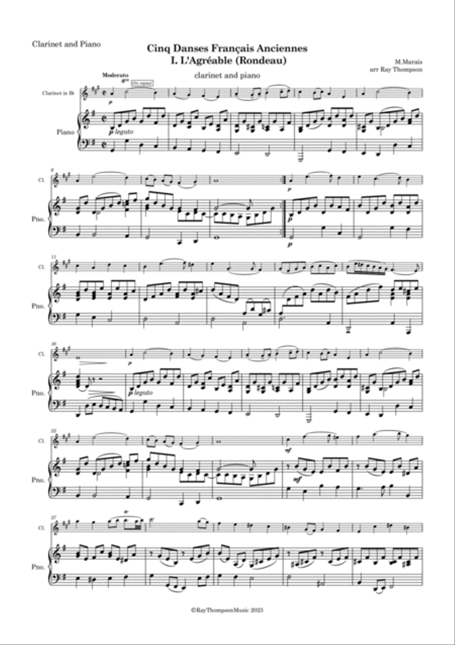 Marais: Cinq Danses Français Anciennes (Five Old French Dances) I. L'Agréable - clarinet/piano B-Flat Clarinet scores gallery preview page 2