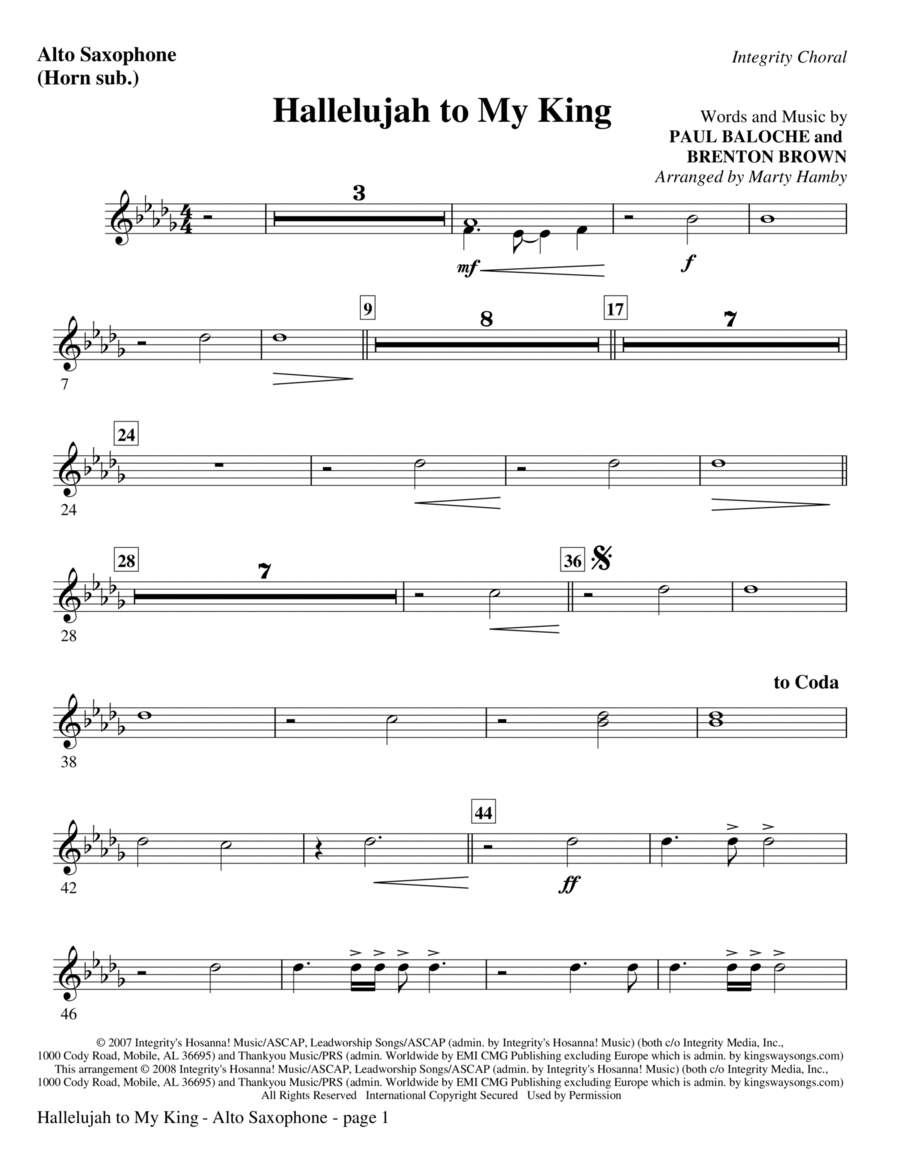 Hallelujah To My King - Alto Sax (Horn sub) Choir scores gallery preview page 1