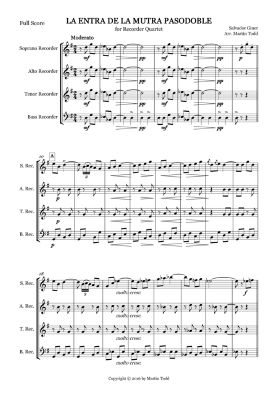 La Entra de la Mutra Pasodoble for Recorder Quartet Small Ensemble scores gallery preview page 2