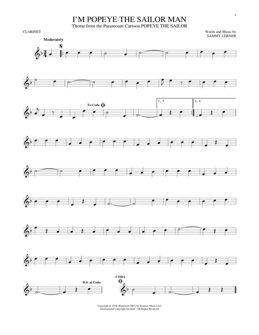 I'm Popeye The Sailor Man Clarinet Solo scores gallery preview page 1