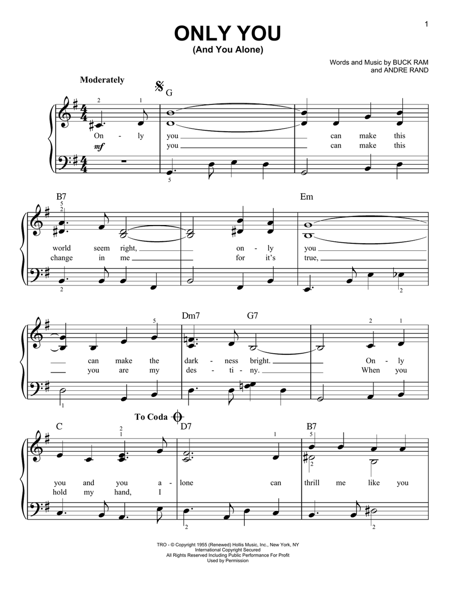 Only You (And You Alone) Easy Piano scores gallery preview page 1