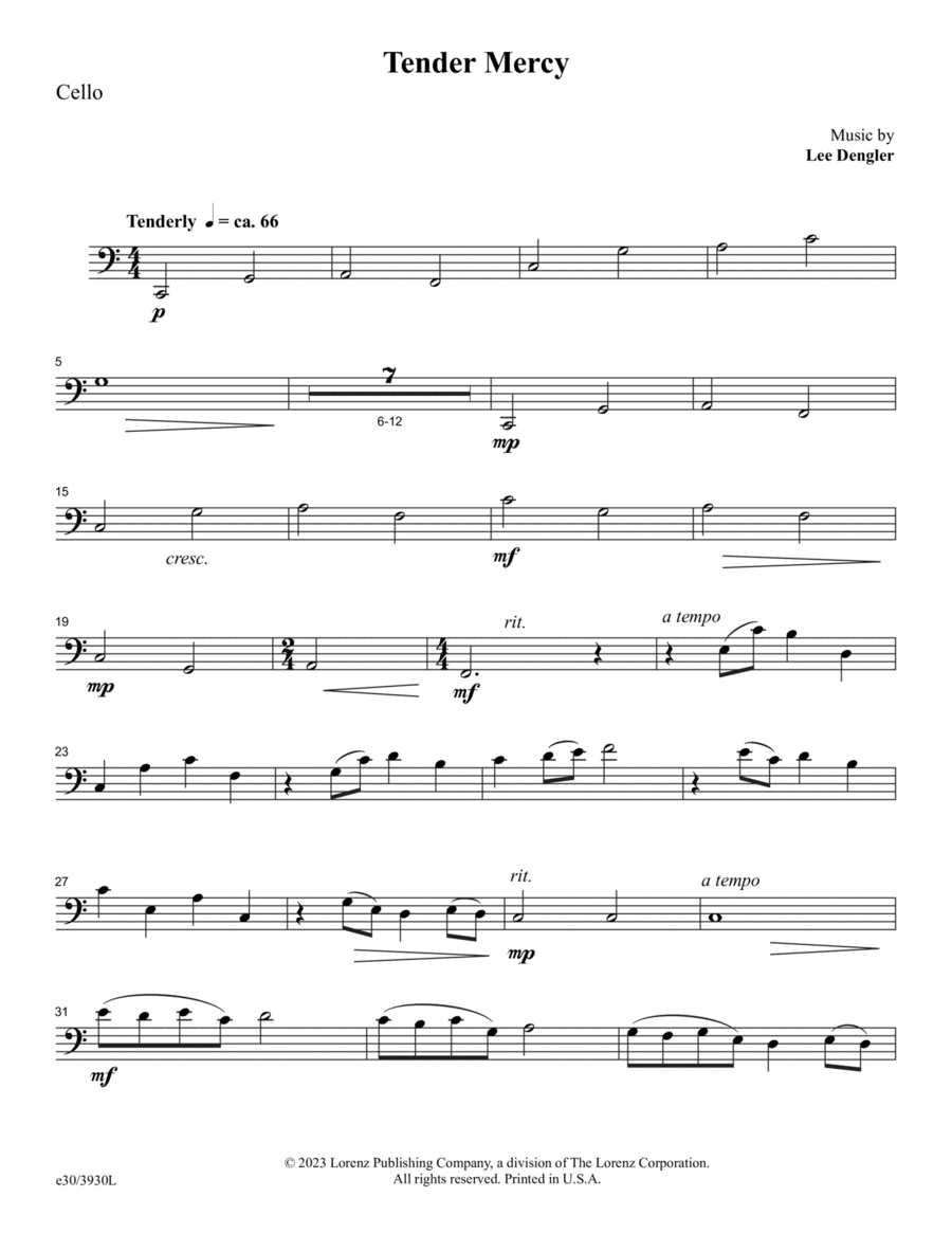 Tender Mercy - Downloadable Cello Part Part scores gallery preview page 1