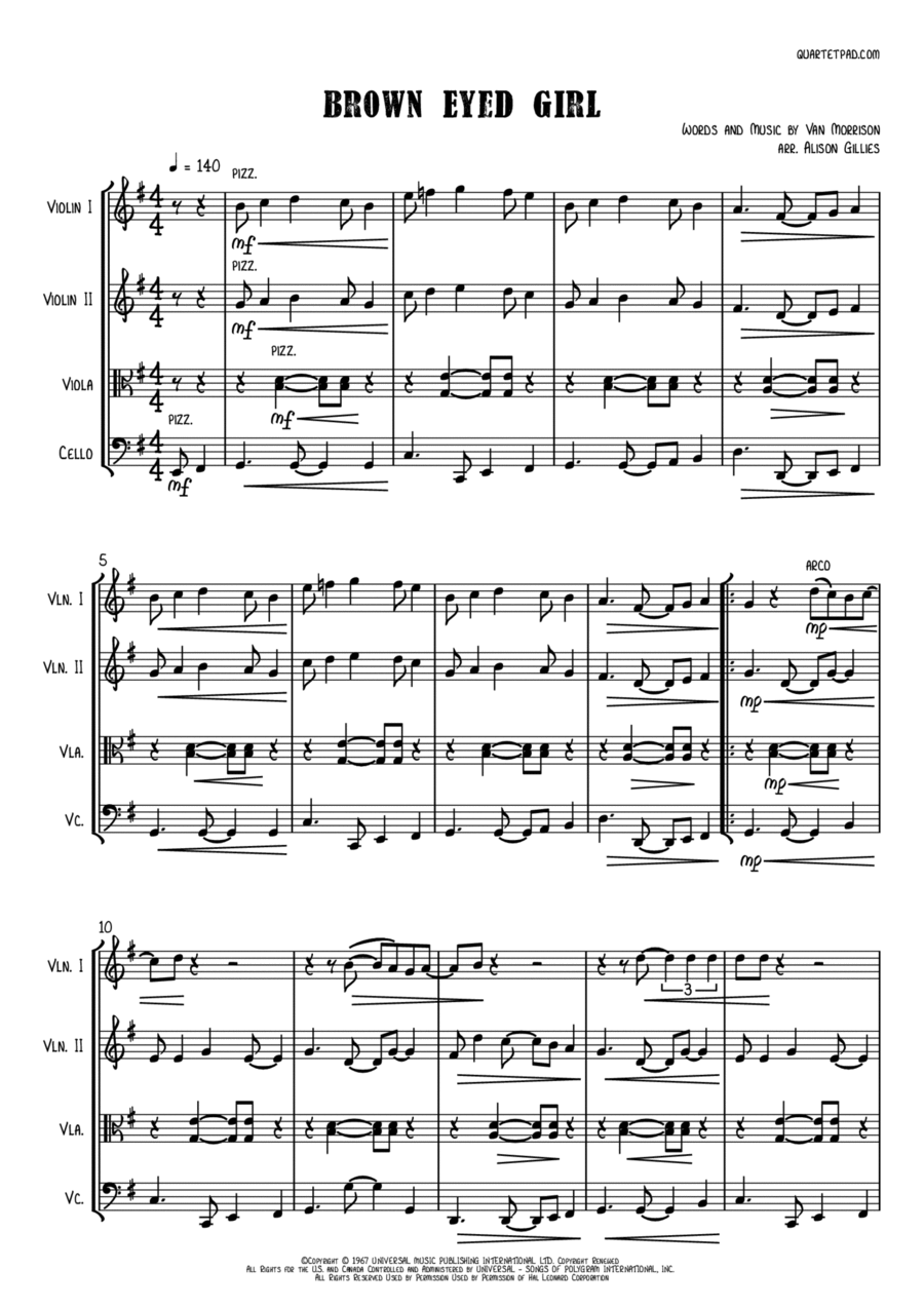 Brown Eyed Girl String Quartet scores gallery preview page 1
