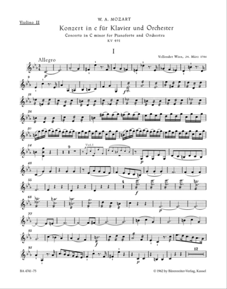 Concerto for Piano and Orchestra, No. 24 c minor, KV 491 Orchestra scores gallery preview page 1