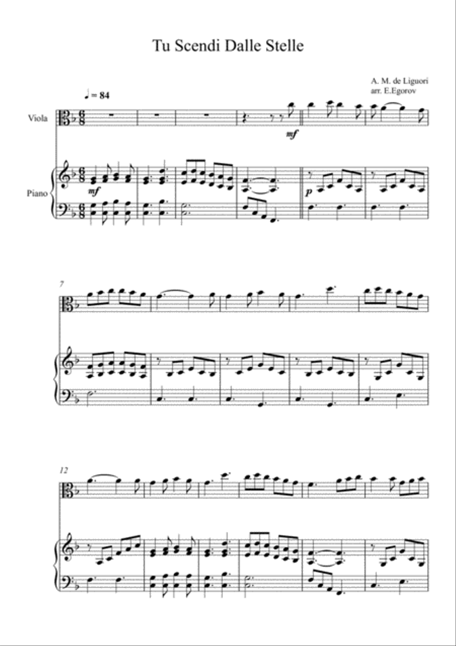 Tu Scendi Dalle Stelle, Alfons Maria de Liguori, For Viola & Piano Viola scores gallery preview page 1