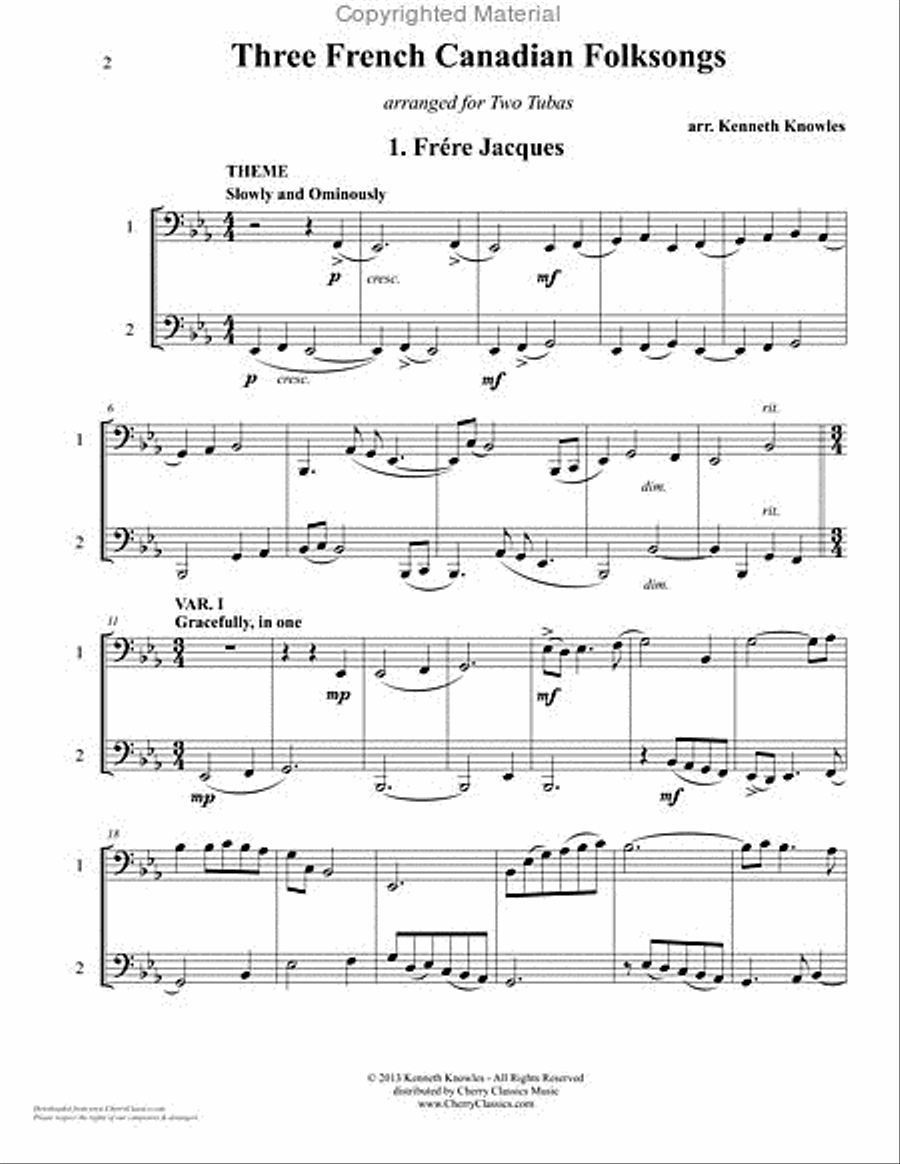 Three French Canadian Folksongs for Tuba Duet