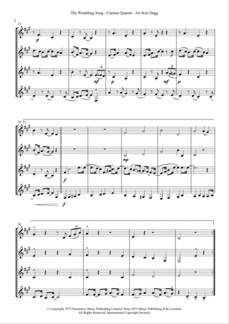 The Wombling Song Clarinet Quartet scores gallery preview page 2
