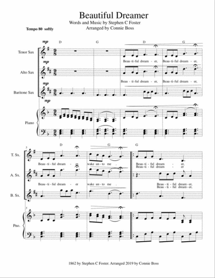 Beautiful Dreamer Key of F Alto, Tenor & Baritone Saxophone Trio Small Ensemble scores gallery preview page 1