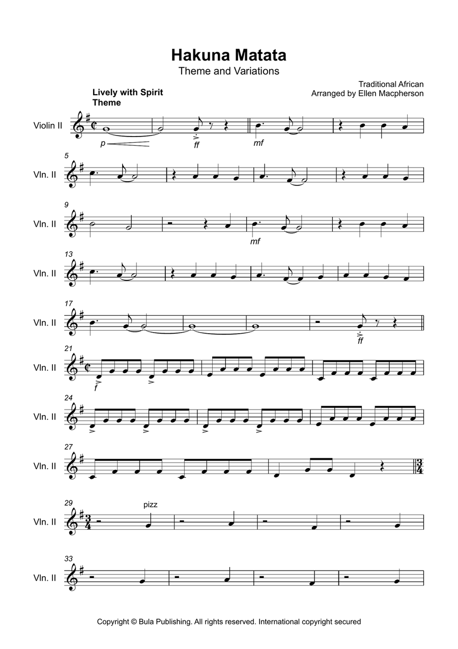 Hakuna Matata Theme & Variation - Easy String Quartet - Violin 2 String Quartet scores gallery preview page 1