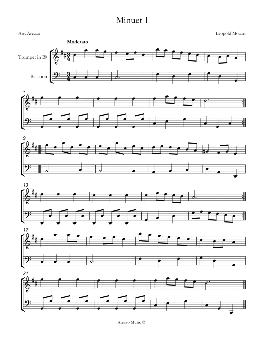 leopold mozart notebook for wolfgang minuet I Trumpet and Bassoon sheet music Chamber Music scores gallery preview page 1