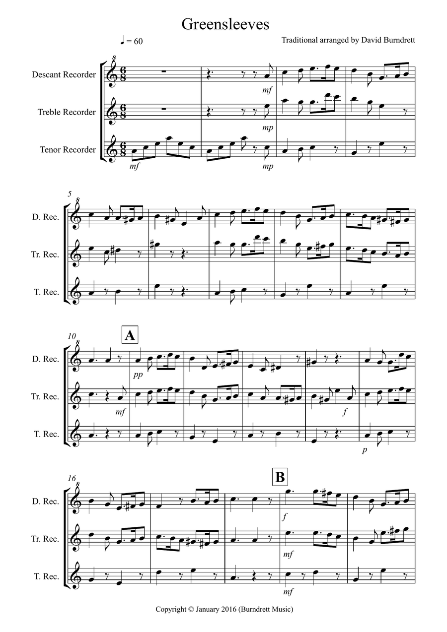 Greensleeves for Recorder Trio Recorder scores gallery preview page 1