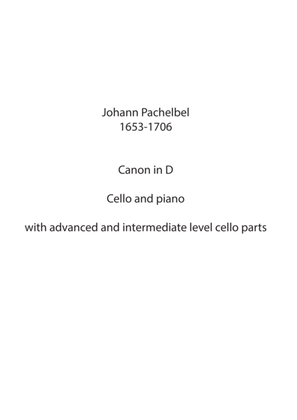 Book cover for Johann Pachelbel Canon for Cello (two versions - advanced and intermediate) and Piano