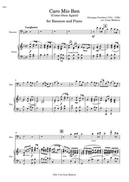 Caro Mio Ben (Come Once Again) - Bassoon and Piano (Full Score and Parts) image number null